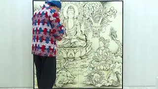 金龍釈迦三尊図・屏風絵『静岡県浜松市・金龍寺様』斎灯サトル2022年完成（縦179&times;横181cm）