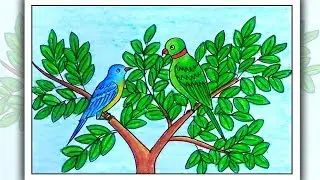 How to draw birds sitting on branch | Birds drawing for beginners