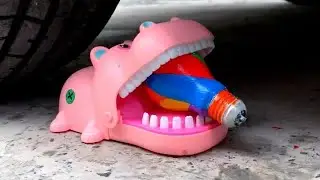 Car experiment crushing crunchy things police car toy coke milk cake candy balloon asmr car wheels