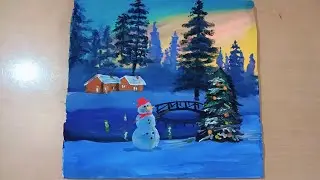 Winter night scenery painting 
