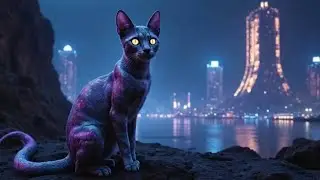 Spellbinding music for serenity and calm. Tiny cat stops in front of the splendor of an alien city