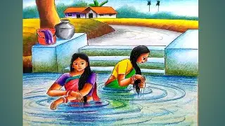 Beautiful village pond scenery with womens drawing/Village pond ghat drawing