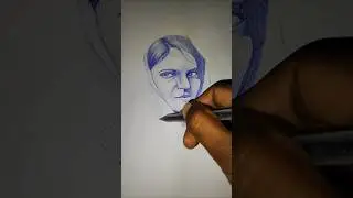 Realistic Girl Face Pen Drawing 🖊️ | Blue Pen Portrait Art | #Shorts