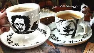 ☕️Poe me a cup! ☕️Edgar Allan Poe Raven DIY Gothic cup & saucer set~ Easy ceramic painting tutorial