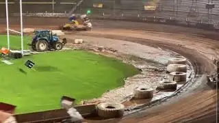 BriSCA F1 Stockcars - 515 Wainman Rights Turns 84 Harris into Parked Cars - Bradford Grand Final