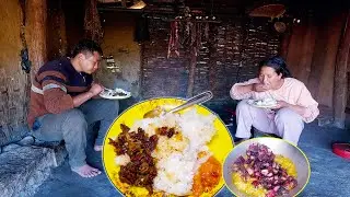 Buff dry Sukuti Curry & rice in Shelter II Husband wife enjoying meal together@AloneAdhirajnepal
