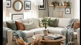 modern living room beige sectional wooden coffee table woven baskets green plants #HomeDecor 