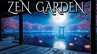 Japanese Temple Ambience 🌸 Full Moon, Falling Sakura & Bamboo Fountain ASMR | 3 Hours