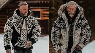 Men's Viking Celtic Art Cozy Fur Collar Knit Hooded Sweater Jacket