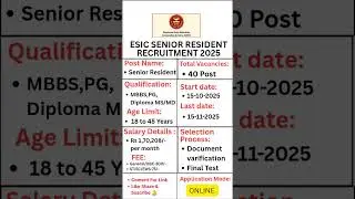 ESIC Senior Resident Recruitment 2025 ll Apply Now New Govt Job ll #esic #govtjobs #seniorresidentv