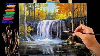 How to Paint a Stunning Autumn Waterfall Scene | Easy Acrylic Landscape Tutorial