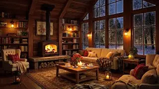 Cozy Winter Cabin Ambience 🌨️ Relaxing Jazz Music & Crackling Fireplace for Stress Relief