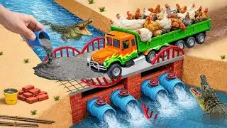 Crocodiles Attack Chickens on the Bridge | DIY Mini Tractor Truck Brick Bridge - Science Project 