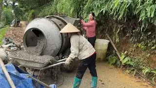 Girl Uses Concrete Mixer to Pour Floor of House on Pond