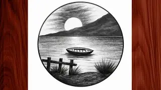 Circle Scenery Pencil Drawing | Peaceful Sunset Lake Art