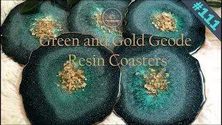 Green and gold resin geode coasters