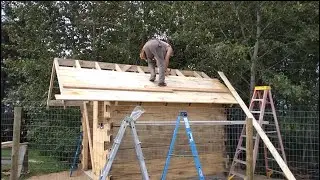 Roof of rough sawn lumber for rustic garden shed.