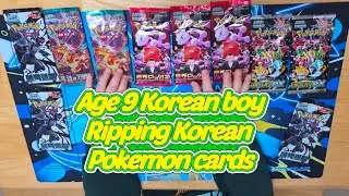 9 Years old son ripping some  Korean Pokemon card packs