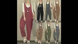 Women Cotton Pocket Long Wide Leg  Casual Loose Solid Jumpsuit