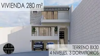 DISEÑO DE VIVIENDA EN TERRENO IRREGULAR 8x30 m