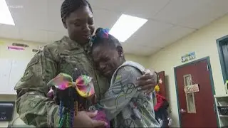 Military mom surprises daughters at school