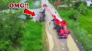 INCREDIBLE !! Dump Trucks Failed Go Uphill & Skill Recovery Help By Huge Crane Truck 80Ton Excavator