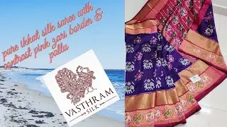 pure ikkat silk saree with contrast pink zari border