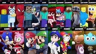 Sonic vs Tom vs Spider-Man vs Mario vs SpongeBob vs Steve vs Roblox vs Minecraft | Super Smash Bros