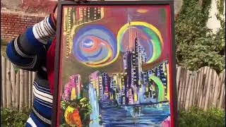 yadav impex Vibrant City Skyline Wall Art, Abstract Acrylic Painting, Modern Urban Cityscape with