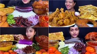 Asmr Eating Spicy 🌶Dal Chawal with Begun Pora Bharta Kela Bharta Lots of Omelette🔥 Whole Chicken 😋