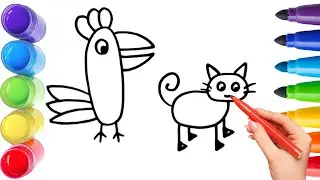How To Draw cute cat , bird Drawing, Painting & Coloring For Kids and Toddlers_🌈🎨