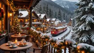 Christmas Balcony Caf&eacute; | Cozy Holiday Jazz & Snowy Mountain Views with Glowing Train 🎄
