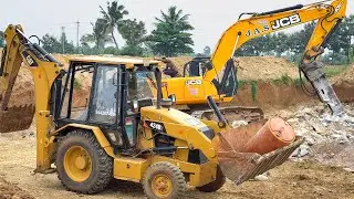 Экскаватор JCB 205LC копает пруд и Cat 424B JCB загружает ил в грузовик | Экскаватор | Скорость JCB