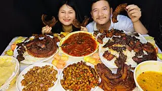 Такой хрустящий! Мукбанг из свиной грудинки 🐷🔥 | Жареная свиная печень, чана матар и рис