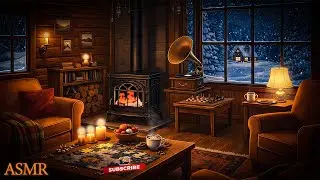 Peaceful Winter Night Ambience - 1940s Snowy Day Living Room with Fireplace Sounds,Relaxing Snowfall