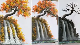 032 - How to Paint a Golden Autumn Tree on a Mountain with a Waterfall | Treeflow Art 