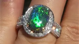 GIA Certified  Natural Black Australian Black Opal Diamond 14k Gold Ring - C152