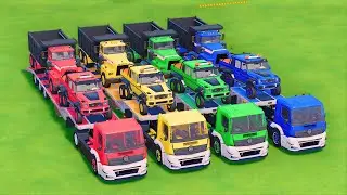TRANSPORTING MERCEDES, BRABUS 6X6, MACK DUMP TRUCK, COLORFUL CARS WITH TRUCK - FS22