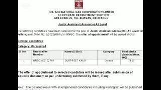 ONGC Junior Assistant (accounts)Delhi Final Result 2023