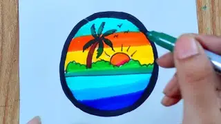 Simple village Sunset scenery drawing in circle || Easy pencil sketch for beginners | Sunset