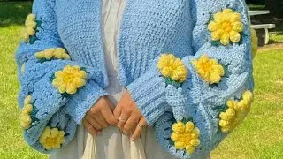 Crochet Sun Flower Cardigan | Puff Stitch Handmade Sweater Design