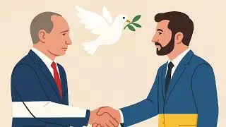 Two men dressed in the colors of Russia and Ukraine are shaking hands.