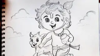 Cute little krishna drawing.How to draw little krishna with little cow.Pencil sketch Drawing tutoril