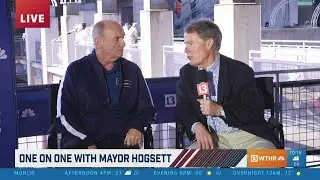 Indianapolis Mayor Joe Hogsett visits with WTHR's Chuck Lofton before the Indy 500