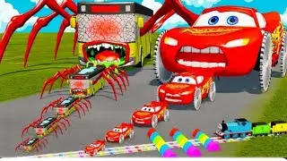 TRACTOR VS TRAIN CRASH TEST 301 - DOUBLE FLATBED TRAILER TRUCK VS SPEEDBUMPS - TRANSPORTING CARS