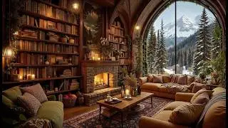 Snowbound Library Jazz Ritual | Slow Reading Books by Firelight with Alpine Winter Window View