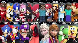 Sonic vs Mario vs Yoshi vs Pomni vs Deadpool vs Waluigi vs Elsa vs Anna | Super Smash Bros Ultimate