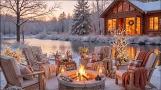 Calm Winter Lakeside Porch Ambience ❄️🔥 Crackling Fire Pit, Soft Piano Music & Snow Sounds to Relax