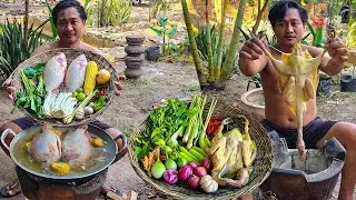 Cooking two whole fish to a tasty soup - Countryside cooking duck sour soup for lunch