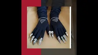 Long Graphite gloves Opera Length with silver Long Stiletto Nails - Elegant and Edgy Accessory fo...